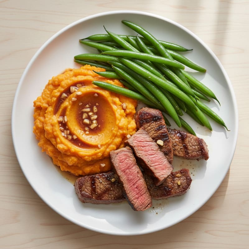 Seared Lean Beef Strips with Steamed Green Beans and Sweet Potato Mash