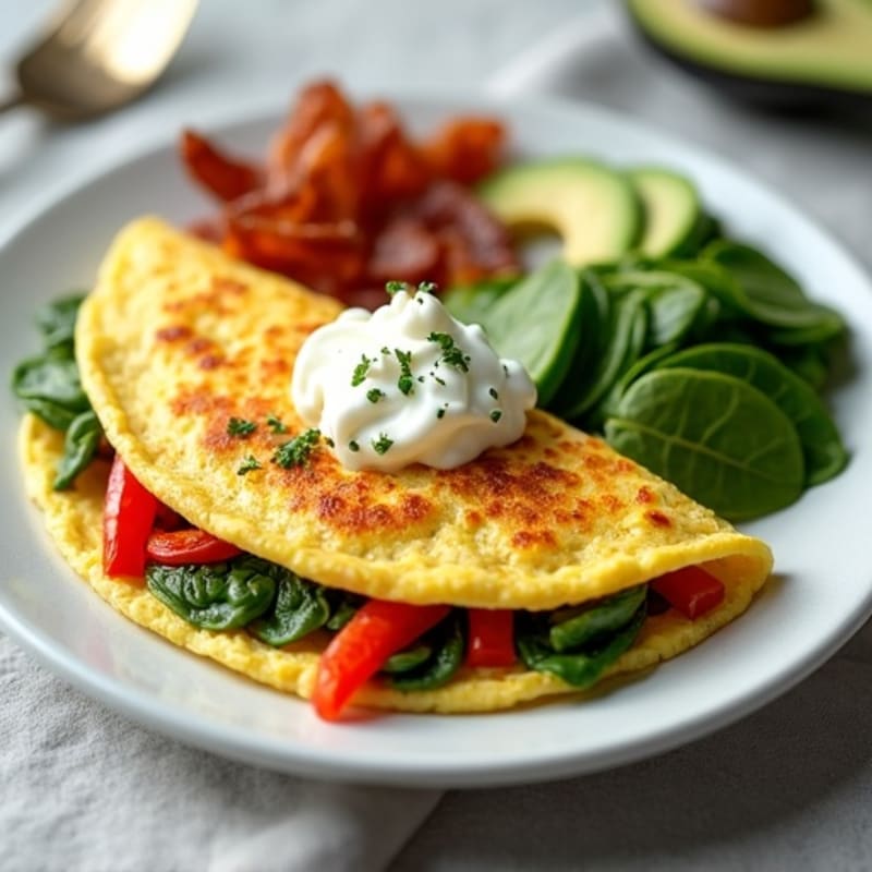 Egg White Vegetable Omelet with Cottage Cheese and Turkey Bacon