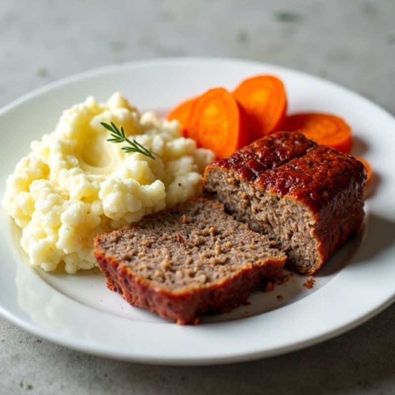 Lean Ground Beef and Mushroom Meatloaf with Creamy Cauliflower Mash and Roasted Carrots