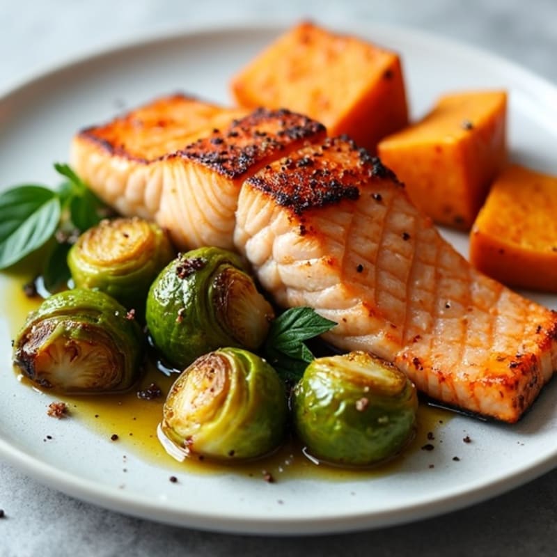Seared Salmon Fillet with Roasted Brussels Sprouts and Sweet Potato