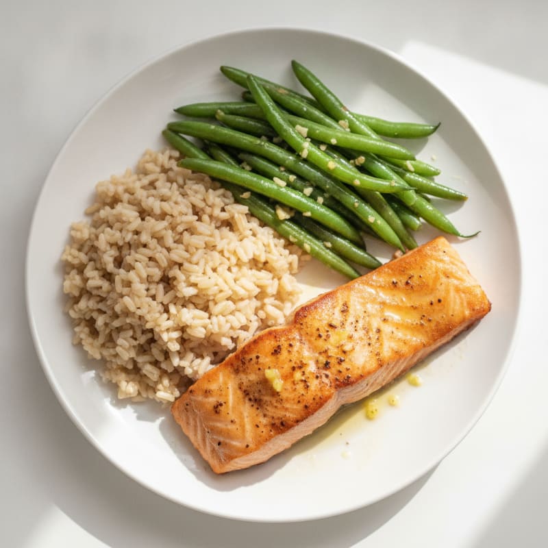 Seared Salmon with Garlic Green Beans and Brown Rice