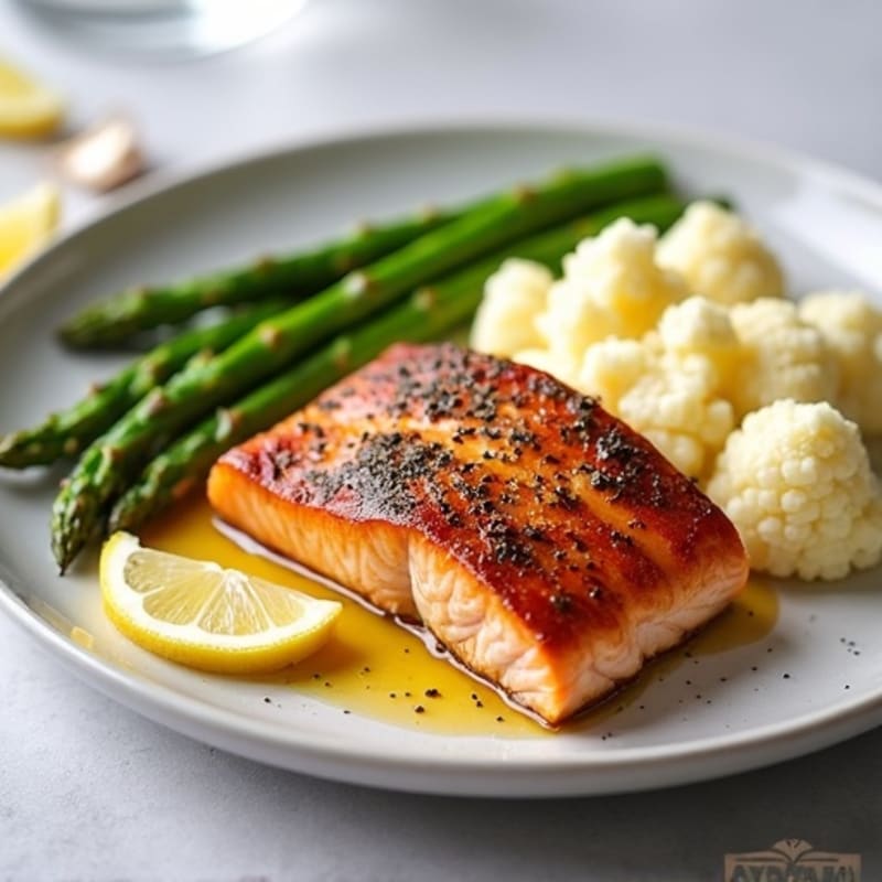 Seared Salmon with Steamed Asparagus and Garlic Mashed Cauliflower