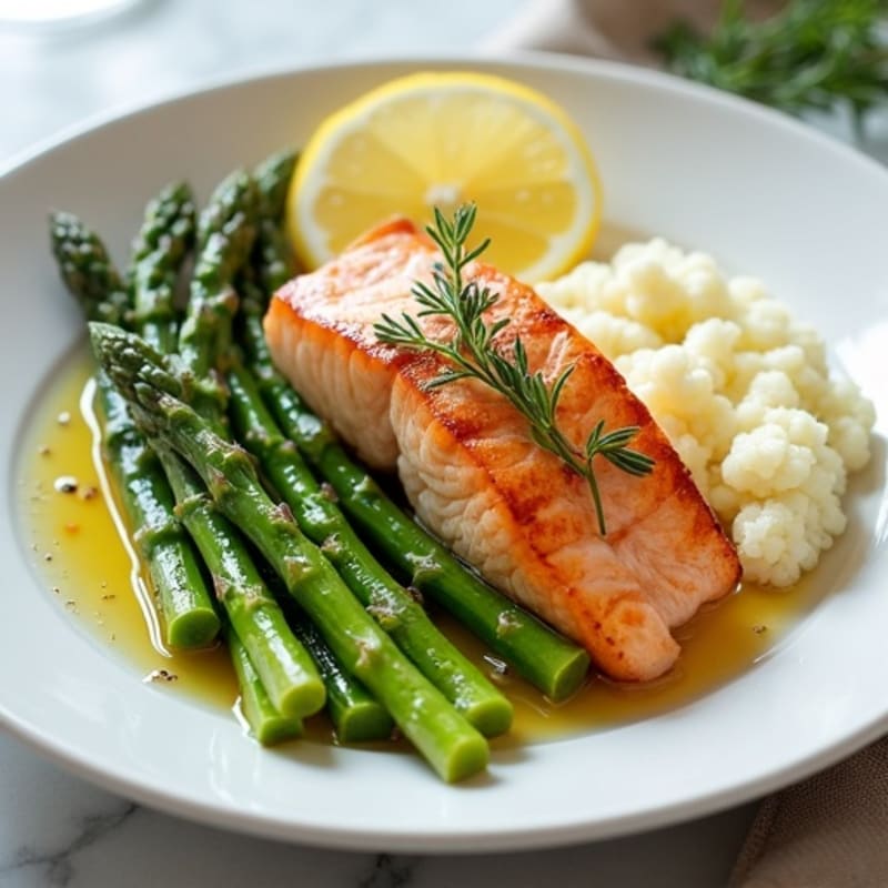 Seared Salmon with Steamed Asparagus and Cauliflower Mash