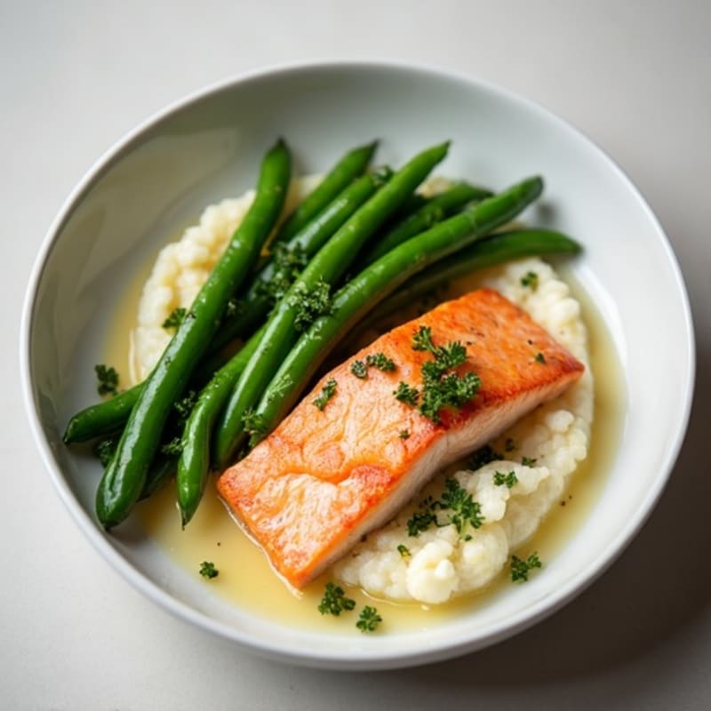 Seared Salmon with Steamed Green Beans and Cauliflower Mash