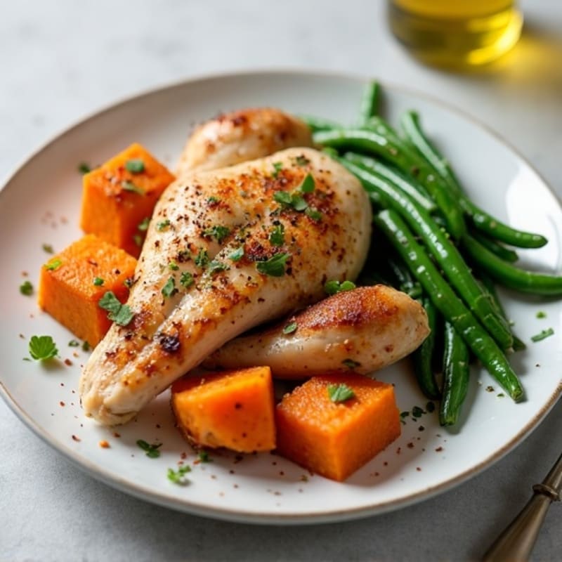 Rotisserie Chicken with Roasted Sweet Potatoes and Crispy Green Beans