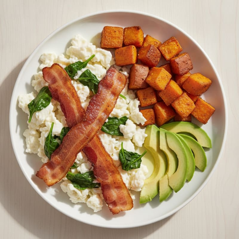 Crispy Turkey Bacon and Egg White Scramble with Sautéed Spinach