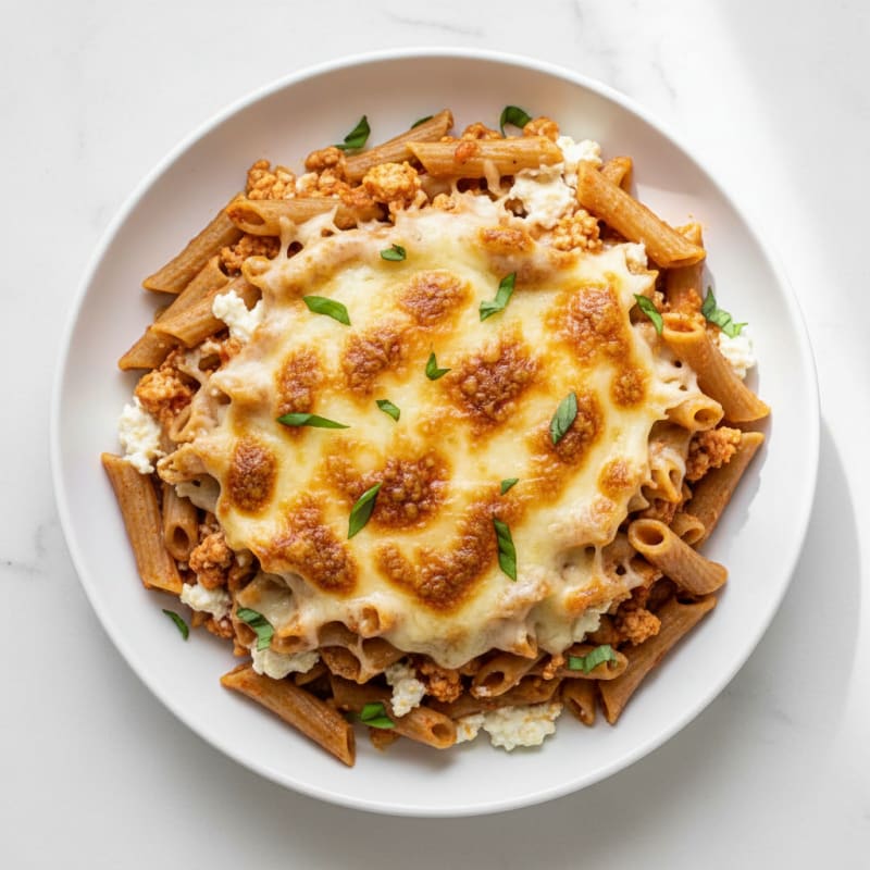 Creamy Baked Ziti with Golden Mozzarella