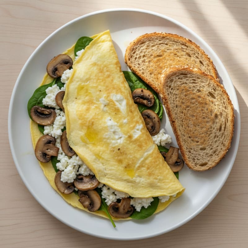 Egg White Spinach Omelette with Cottage Cheese and Sautéed Mushrooms