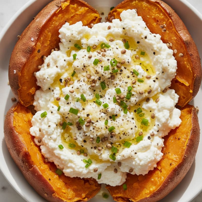 Savory Baked Sweet Potato with Whipped Cottage Cheese