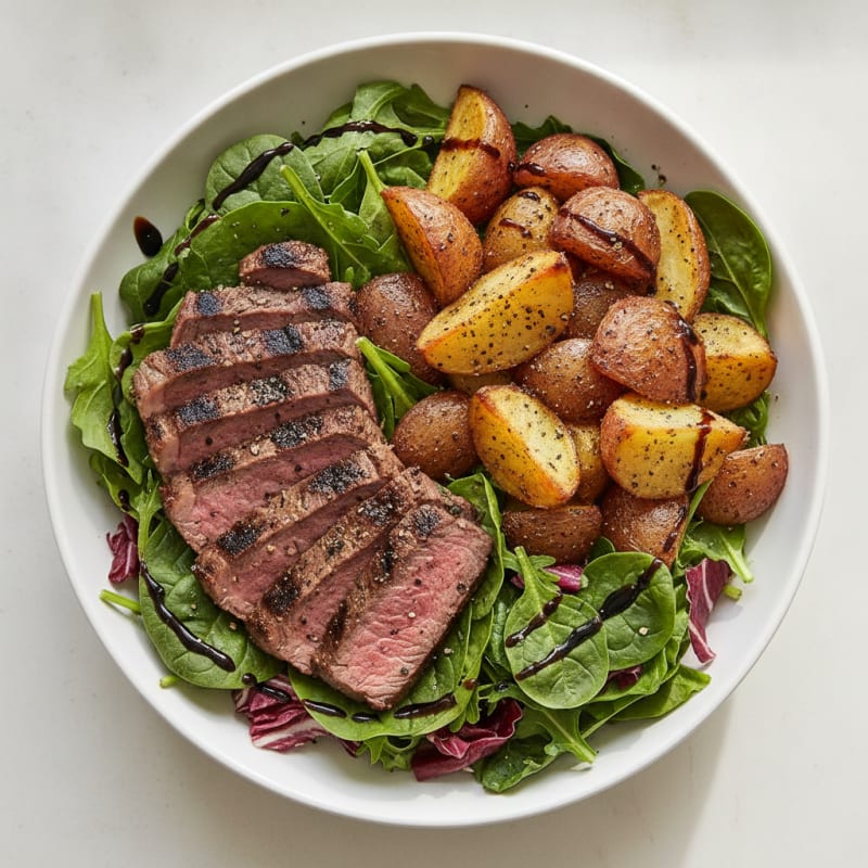 Grilled Steak and Roasted Potato Protein Bowl with Mixed Greens