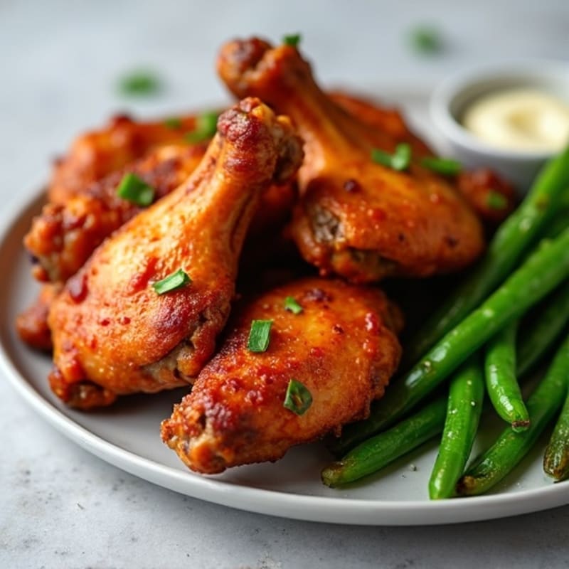 Crispy Baked Spicy BBQ Chicken Wings with Roasted Green Beans