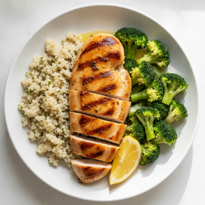 Grilled Chicken Breast with Steamed Broccoli and Quinoa