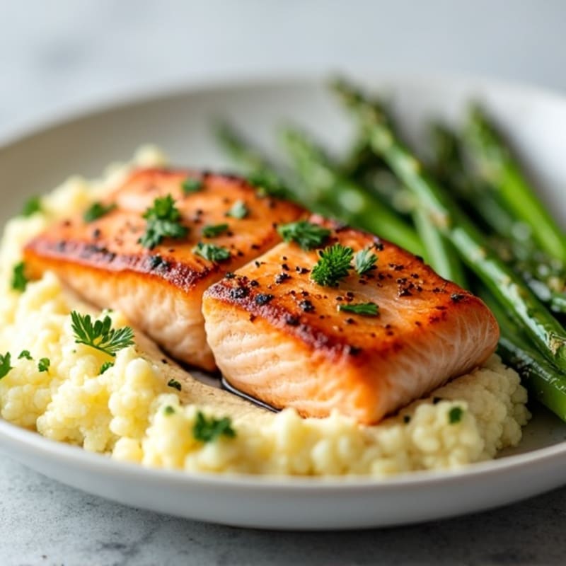 Seared Salmon with Steamed Asparagus and Garlic Cauliflower Mash