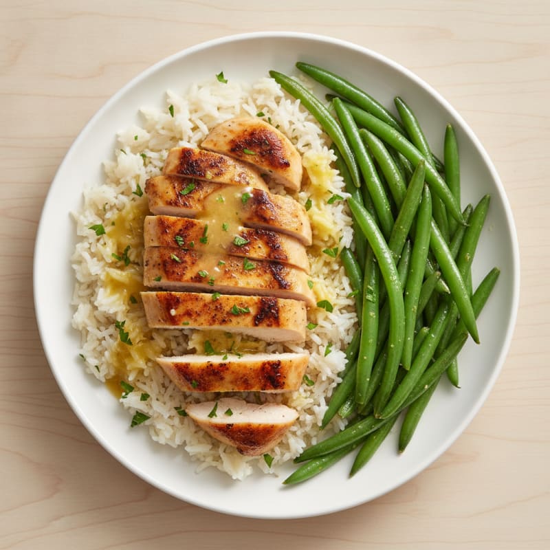 Pan-Seared Chicken with Jasmine Rice and Sautéed Green Beans