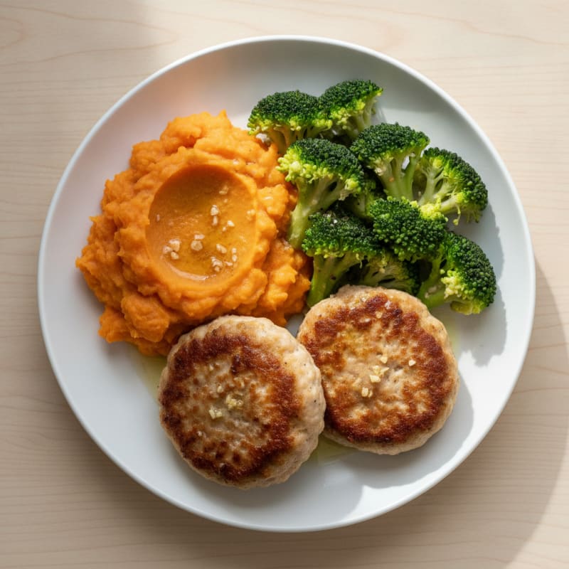 Pan-Seared Turkey Patties with Steamed Broccoli and Sweet Potato Mash