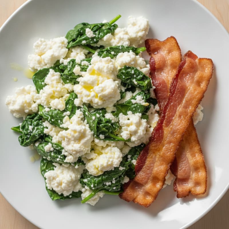 Cottage Cheese Egg White Scramble with Spinach and Turkey Bacon
