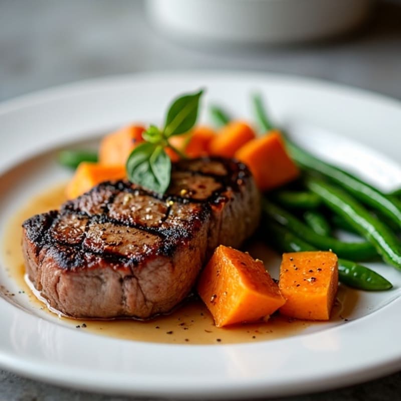 Seared Lean Beef Steak with Roasted Sweet Potatoes and Green Beans