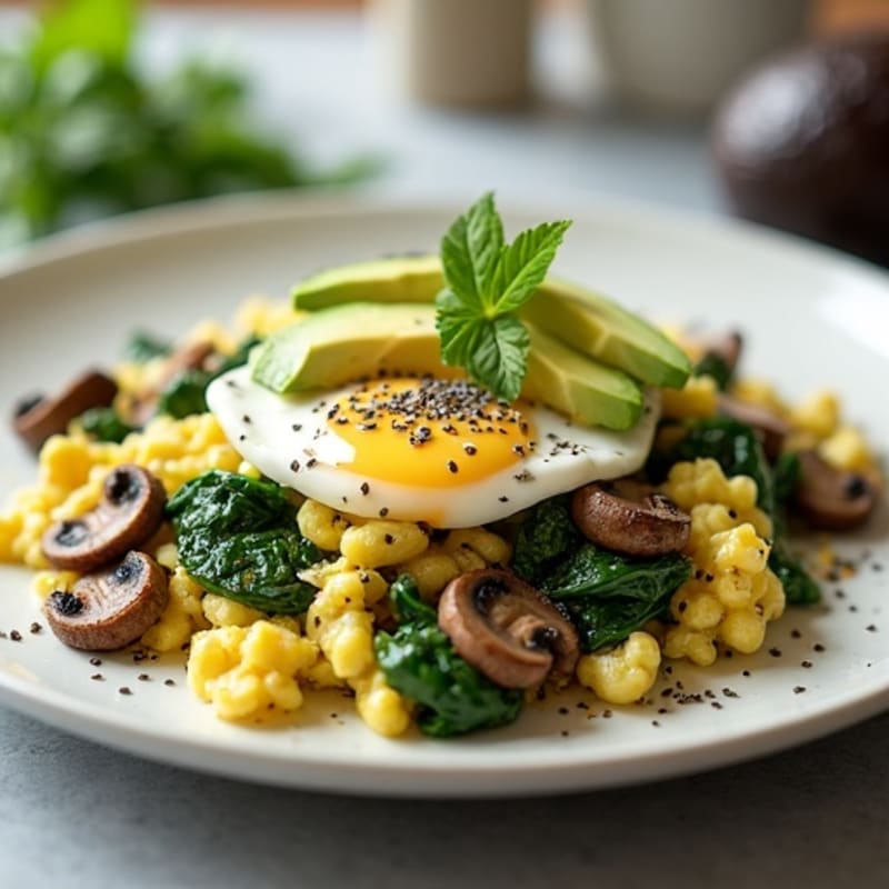 Egg White and Spinach Scramble with Cottage Cheese and Sautéed Mushrooms