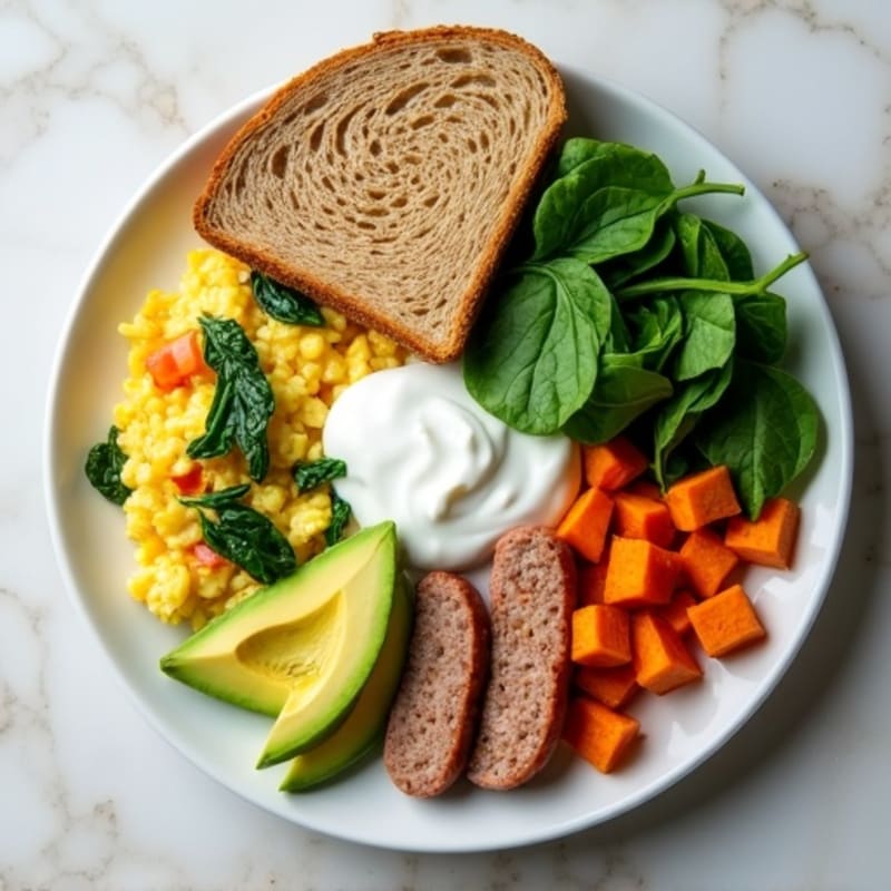 Egg White and Turkey Sausage Scramble with Greek Yogurt, Spinach & Sides