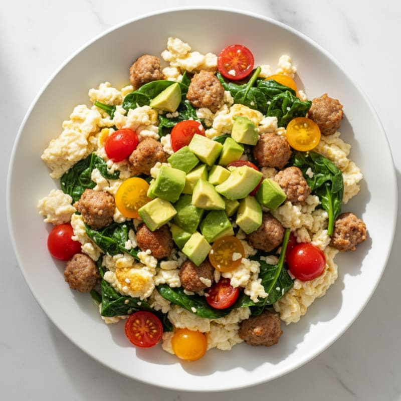 Egg White and Turkey Sausage Scramble with Spinach and Tomatoes