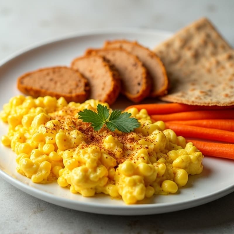 Soft Scrambled Eggs with Spiced Chicken, Whole Wheat Roti, and Crunchy Carrot Sticks