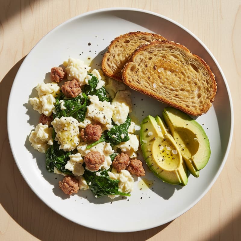 Egg White Scramble with Turkey Sausage and Spinach