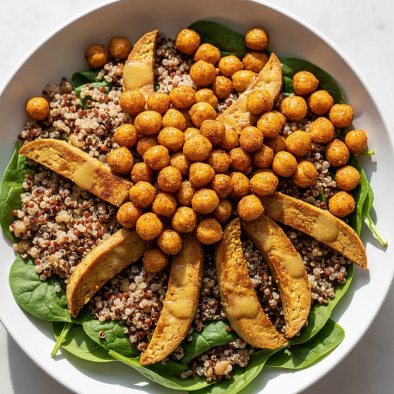 Crispy Lentil and Quinoa Power Bowl with Roasted Chickpeas