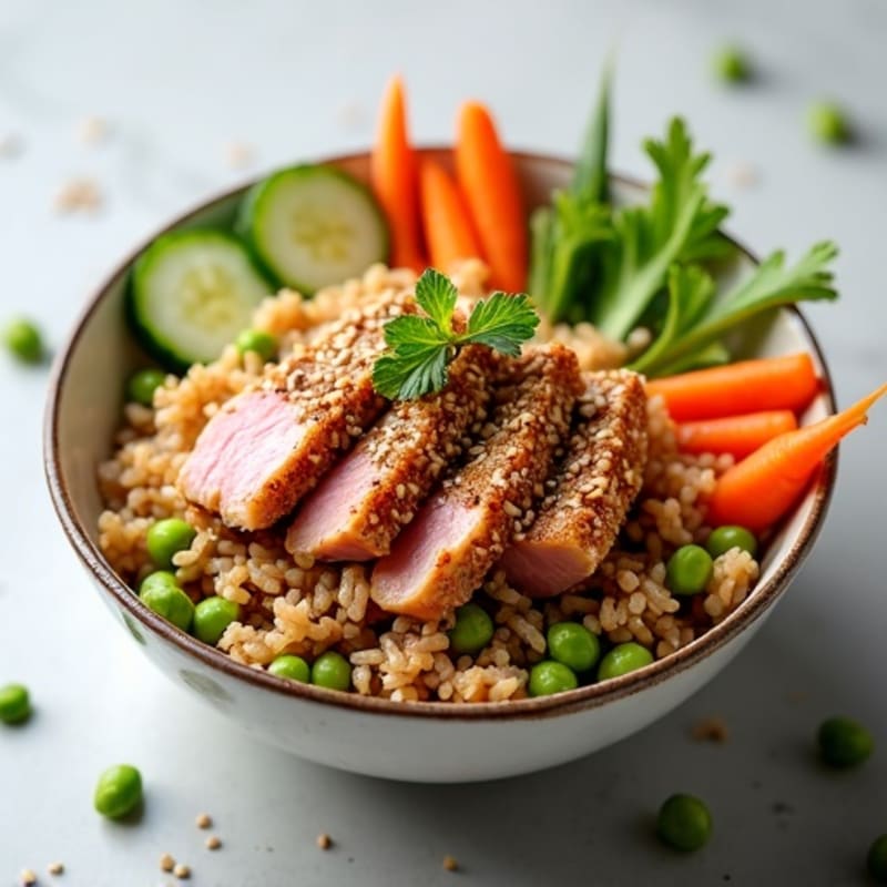 Sesame-Crusted Tuna Rice Bowl with Fresh Vegetables