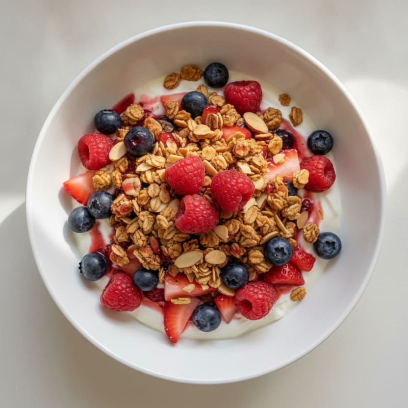 Greek Yogurt Parfait with Crunchy Almond Granola and Mixed Berries