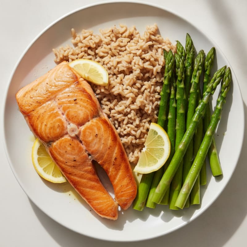 Seared Salmon with Steamed Asparagus and Brown Rice