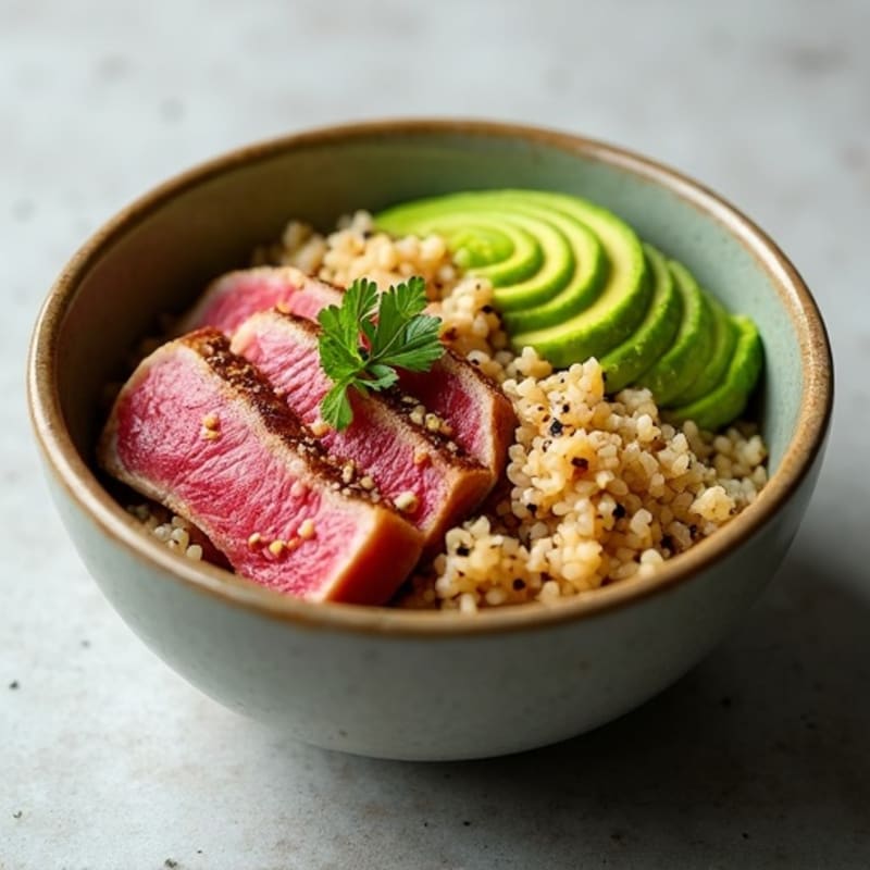 Seared Ahi Tuna Rice Bowl with Fresh Avocado and Sesame Dressing