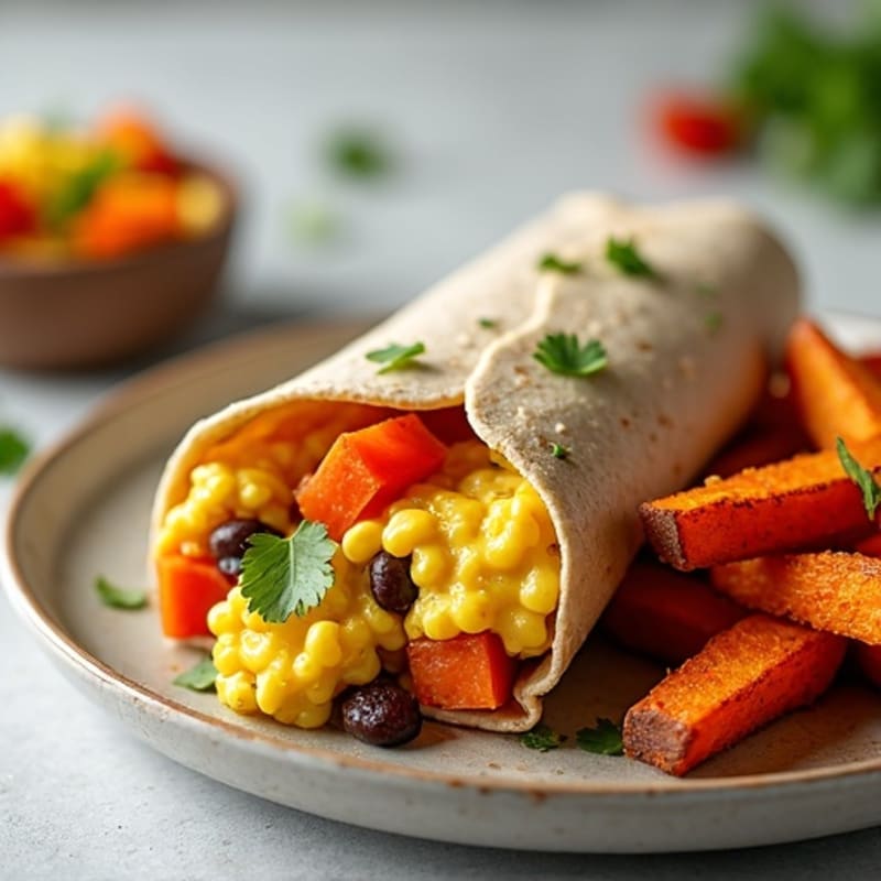 Scrambled Egg and Black Bean Breakfast Burrito with Crispy Sweet Potatoes