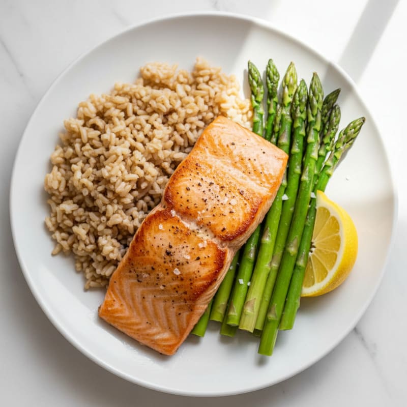 Seared Salmon Fillet with Steamed Asparagus and Brown Rice