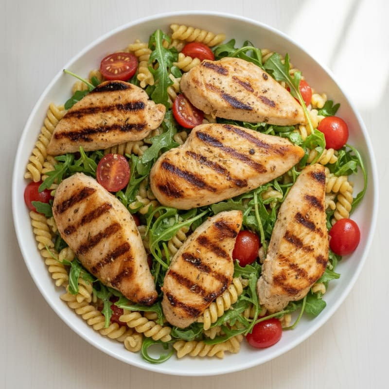 Grilled Chicken Pasta Salad with Cherry Tomatoes and Arugula
