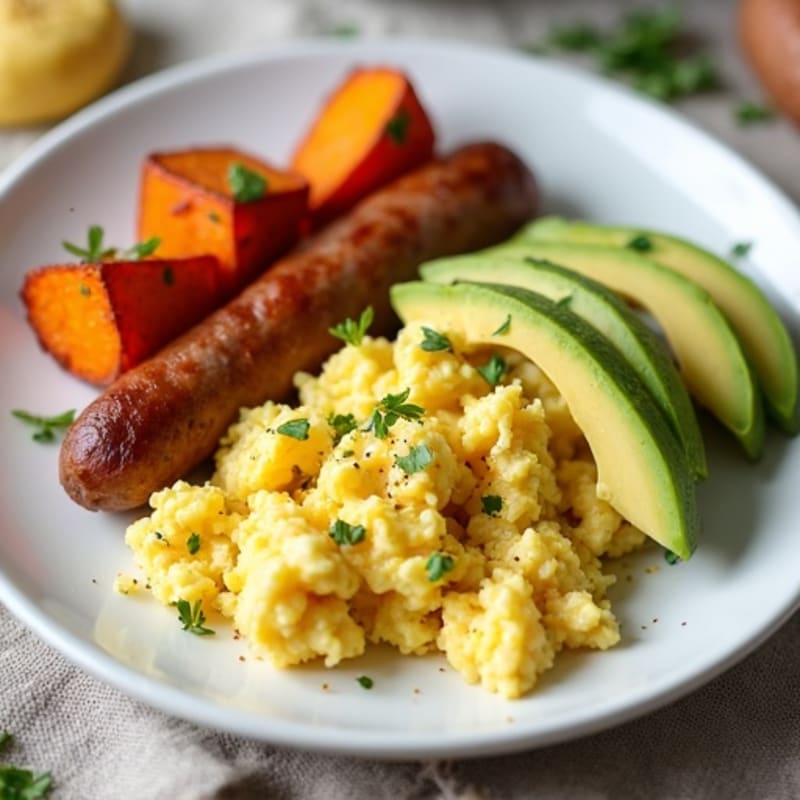 Egg White Scramble with Turkey Sausage and Roasted Sweet Potatoes