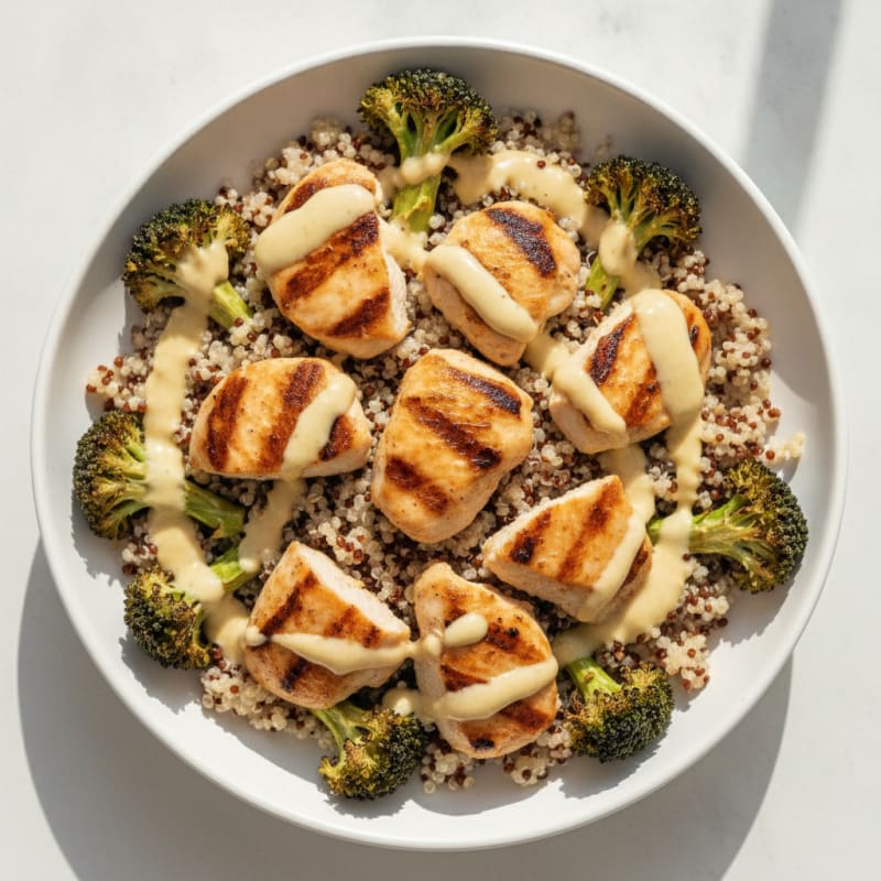 Grilled Chicken and Quinoa Bowl with Roasted Broccoli and Lemon Tahini Drizzle