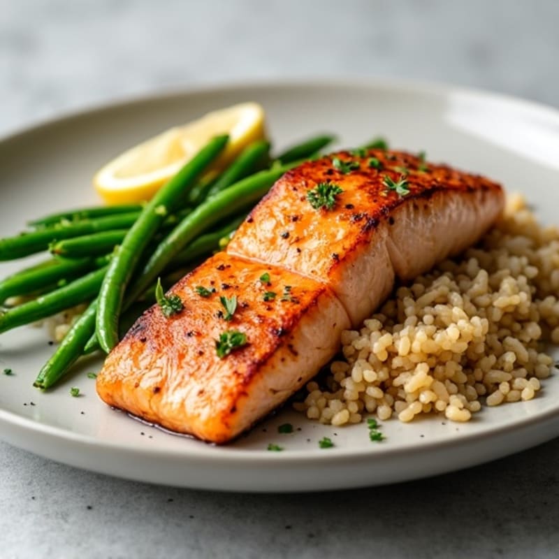 Seared Salmon with Garlic Green Beans and Brown Rice