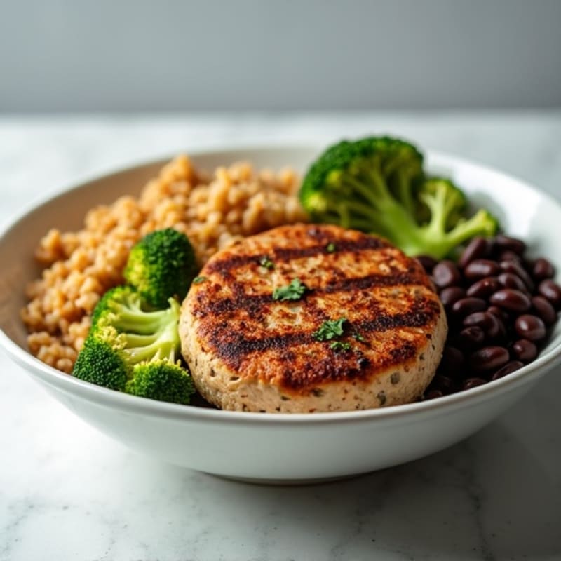 Grilled Turkey Burger Bowl with Brown Rice and Roasted Broccoli