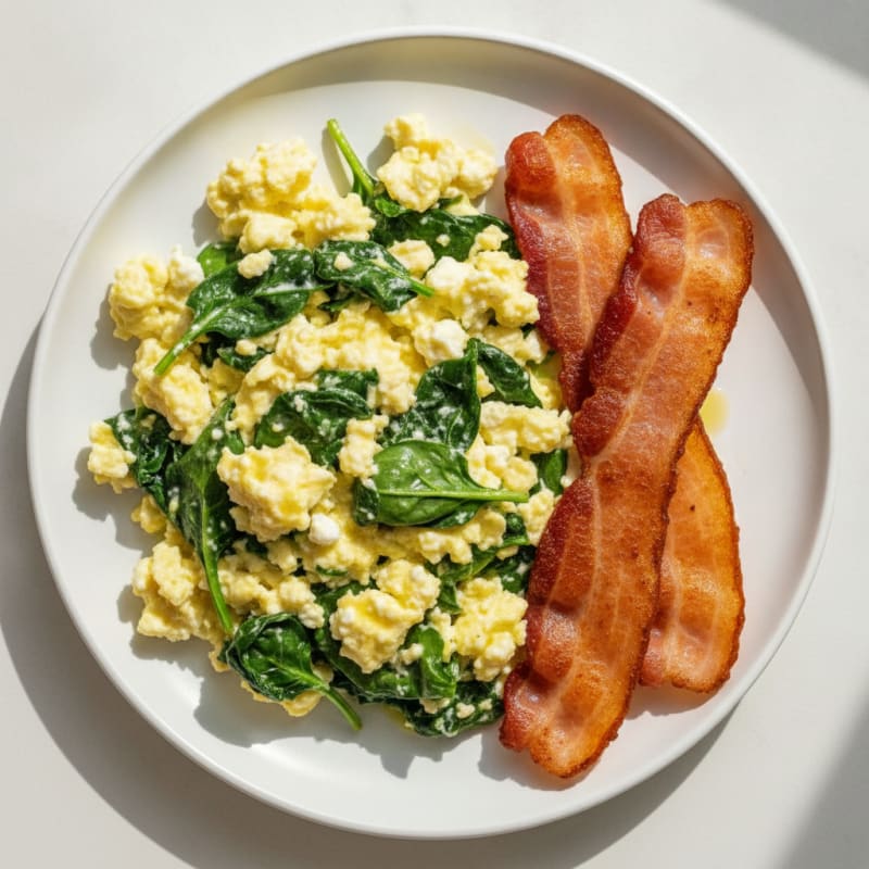 Cottage Cheese Egg Scramble with Spinach and Turkey Bacon