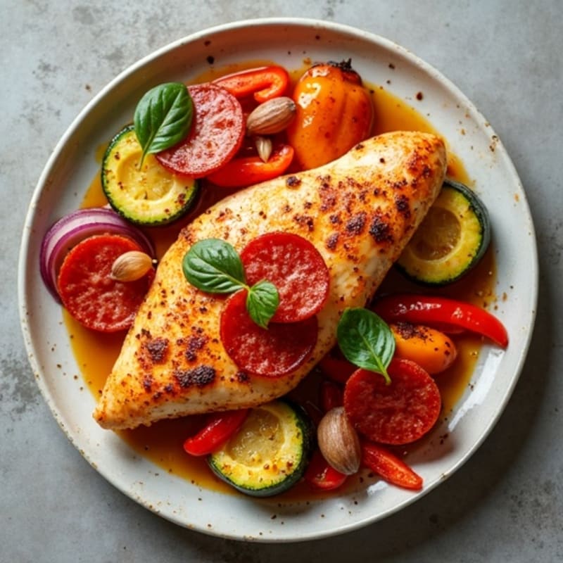 Sheet Pan Chicken with Crispy Pepperoni and Roasted Vegetables