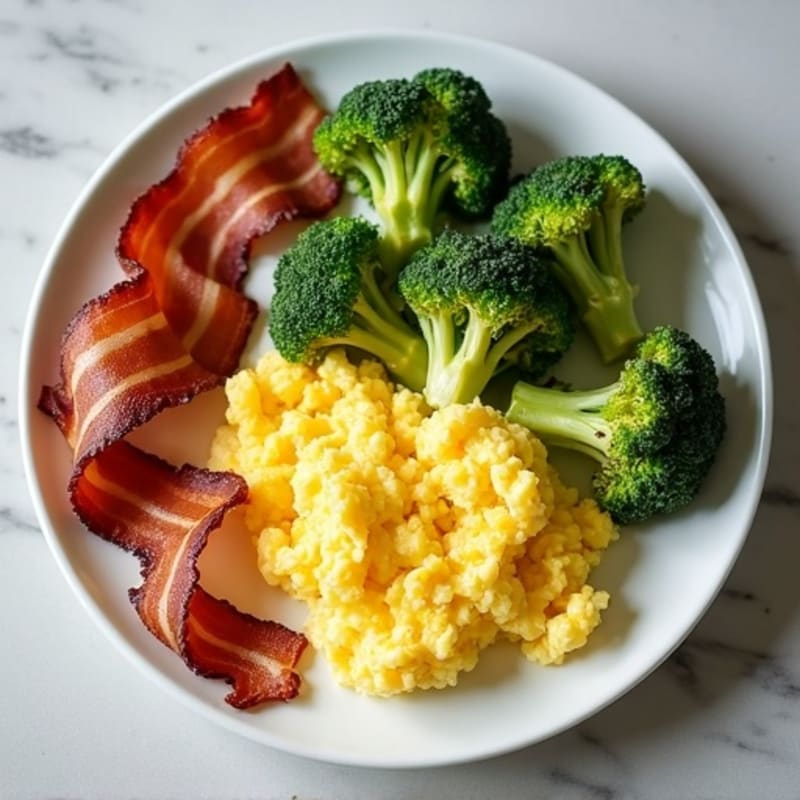 Fluffy Scrambled Eggs with Crispy Turkey Bacon, Avocado, and Roasted Broccoli