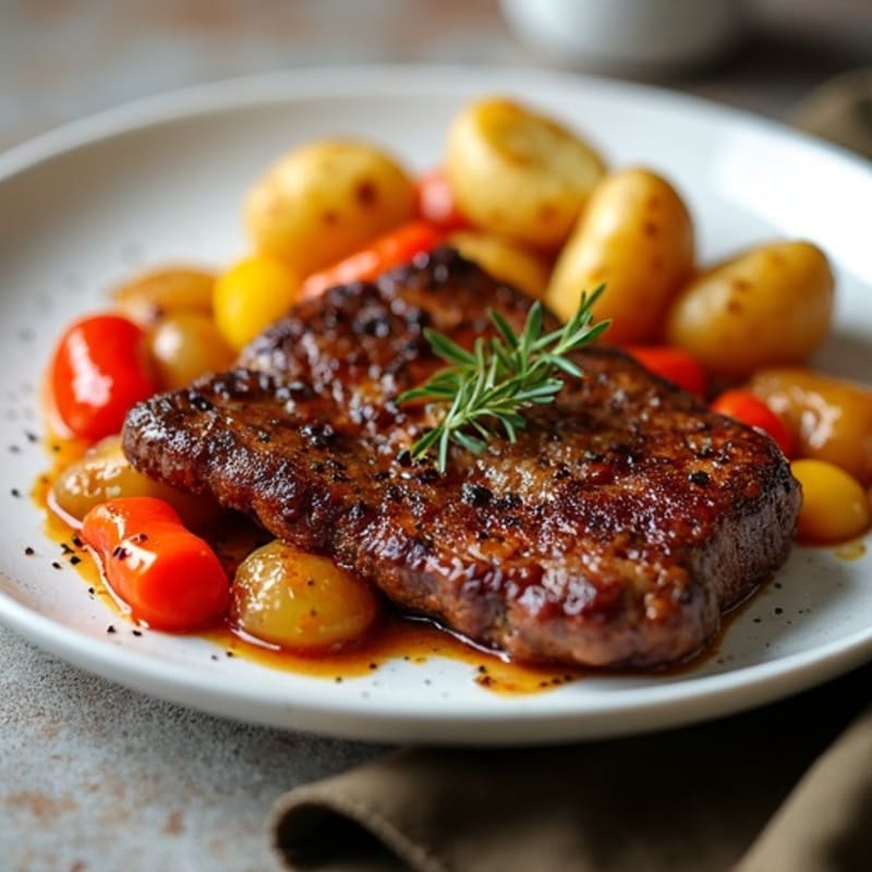 Crispy Seared Beef with Sautéed Peppers, Onions, and Roasted Potatoes