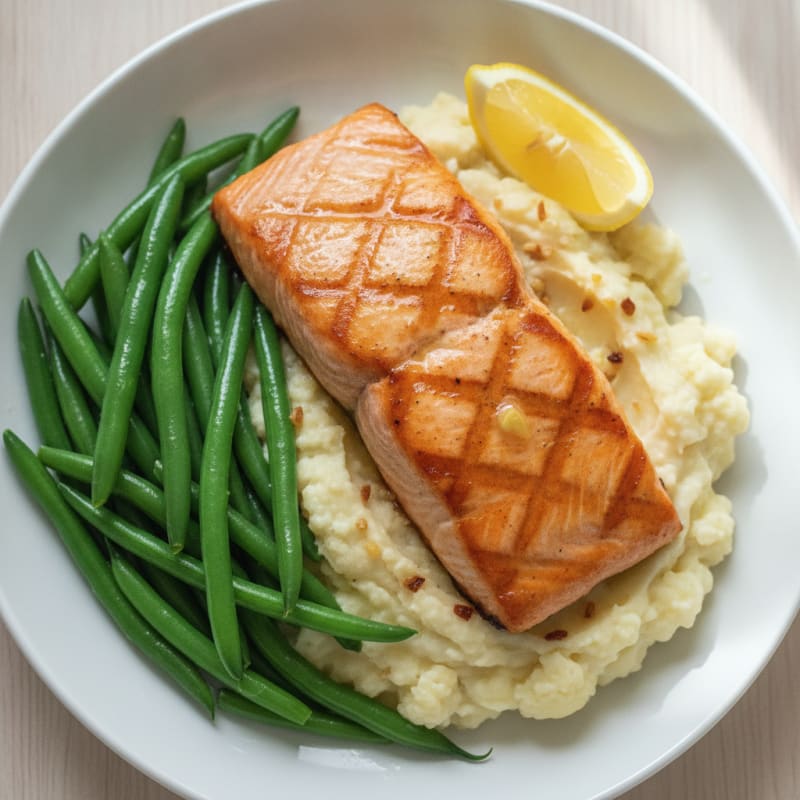 Seared Salmon with Steamed Green Beans and Garlic Mashed Cauliflower