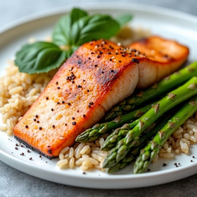 Pan-Seared Salmon with Steamed Asparagus and Brown Rice