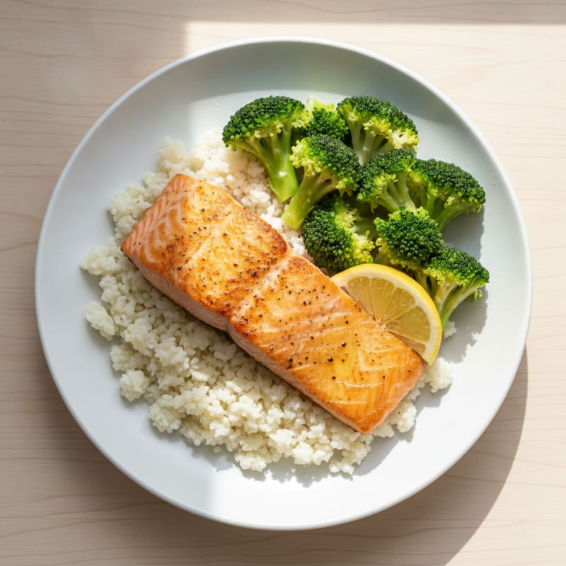 Seared Salmon with Steamed Broccoli and Cauliflower Rice