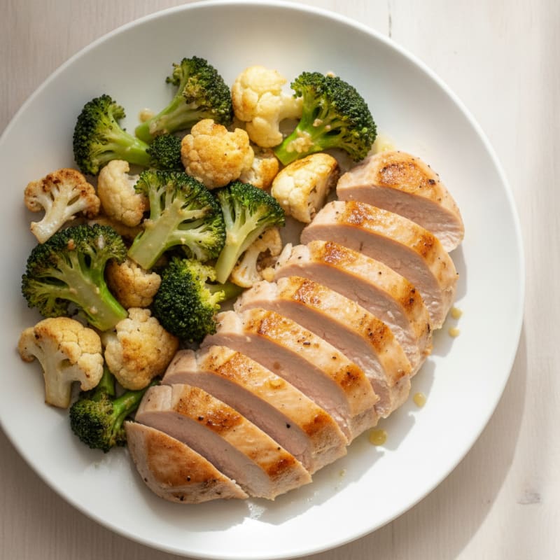 Seared Turkey Breast with Roasted Broccoli and Cauliflower