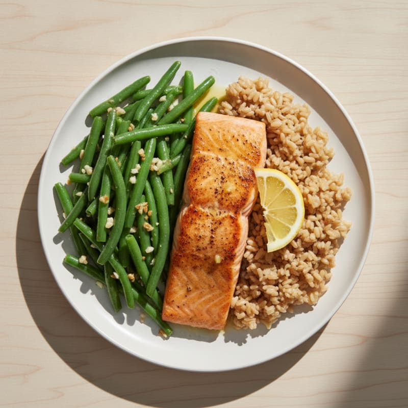 Seared Salmon with Garlic Green Beans and Brown Rice