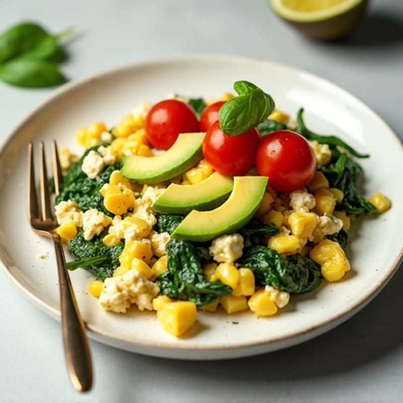 Cottage Cheese Egg White Scramble with Spinach and Cherry Tomatoes