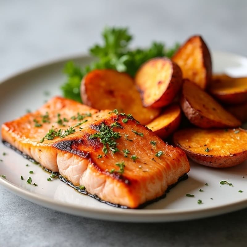 Crispy Pan-Seared Salmon with Roasted Sweet Potato Wedges