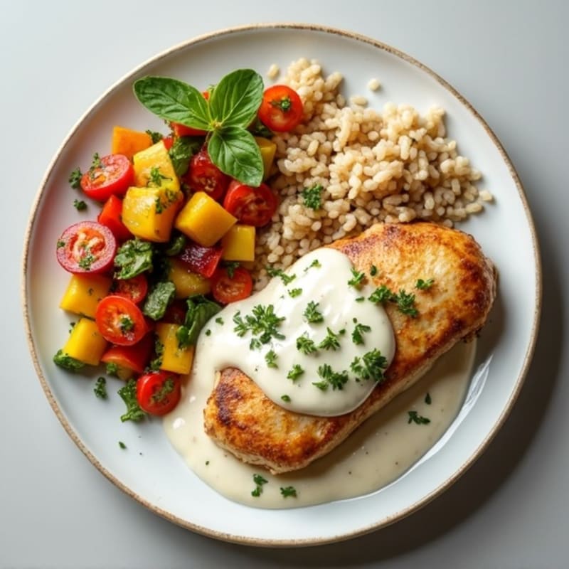Creamy Herb Chicken with Roasted Vegetables and Brown Rice